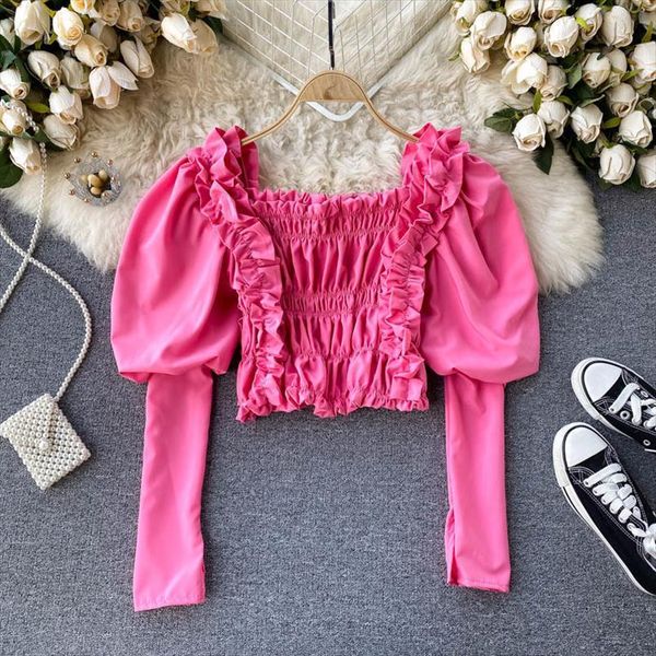 

european american temperament spring women shirt bubble sleeve sweet wood ear stretch blusa slim short holiday c299, White