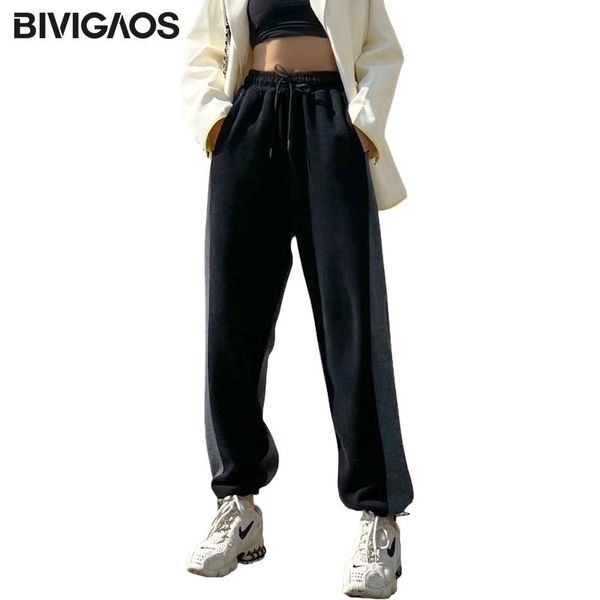 

women's pants & capris bivigaos women black gray splicing sport tide high waist loose trousers casual straight wide leg autumn sweatpan, Black;white