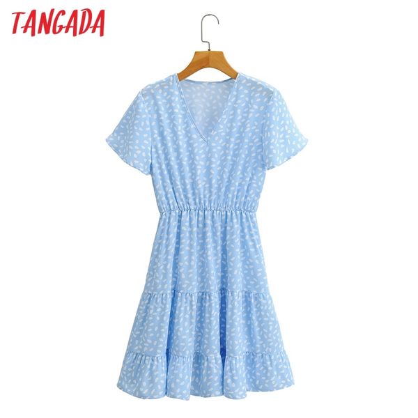 

summer women blue dots print v neck short sleeve strethy waist ladies mini dress vestidos 1f168 210416, Black;gray