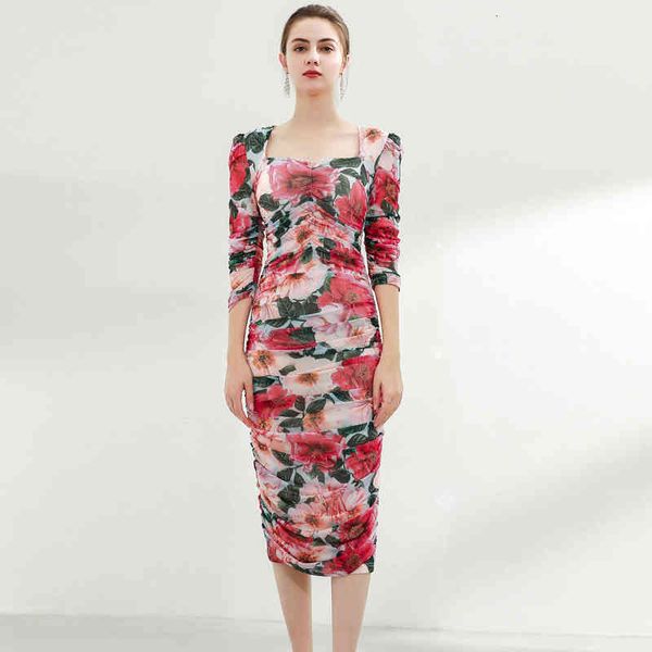 

2021 spring female summer red flower print tight holiday stylish mesh wrap party ed in medium length, Black;gray