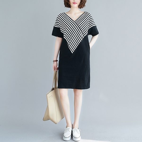 

dnb 2020women's spring and summer fat sister fashion show plus size es thin large stripe dresslong dress stitching v-neck mid long skir