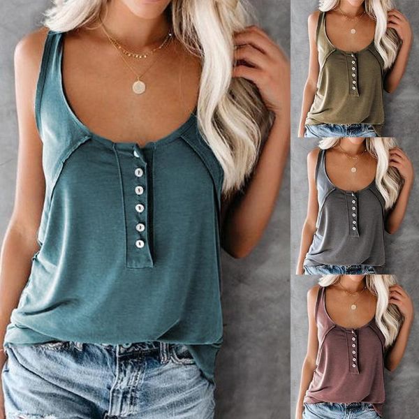 

women's tanks & camis 3xl women fashion solid color scoop neck button vest camisole loose blouse top, White