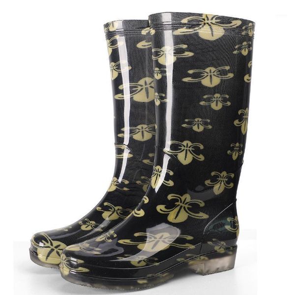 

boots golden flowe pvc water shoes high women tall rain thick heel 2021 casual female waterproof for1, Black