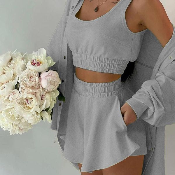 

women's tracksuits women outfits 2 pieces sets casual croped tanks+ high waist shorts female sporty activewear sweat set 2021, Gray