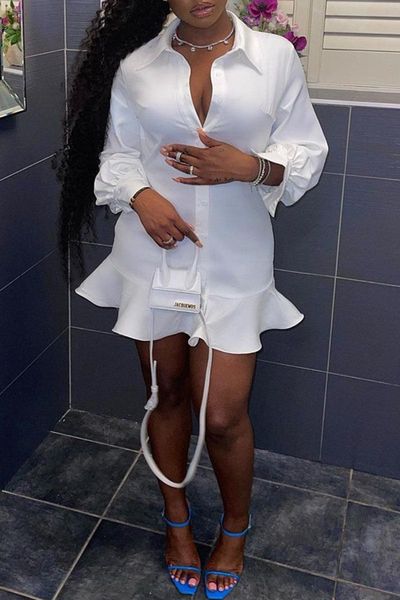 

casual dresses african clothes for women ladies long sleeve turn-down collar hem ruffle button up mini shirt dress white yellow black, Black;gray