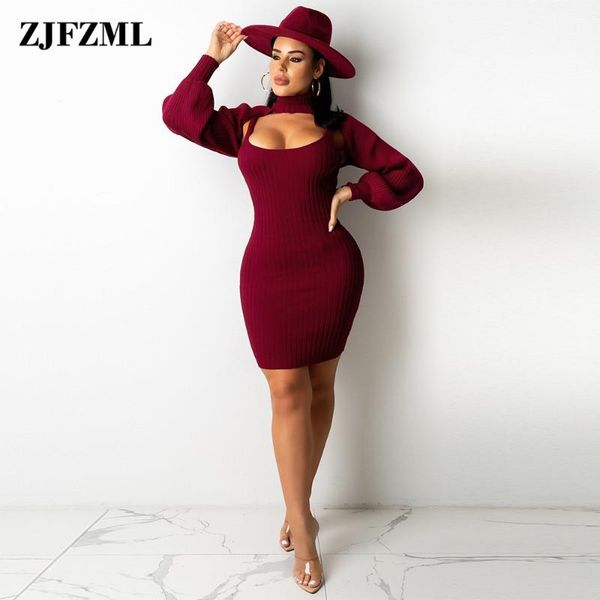 

casual dresses 2 piece woman set autumn winter clothing turtleneck lantern sleeve cropped spaghetti strap bodycon mini dress elegan, Black;gray