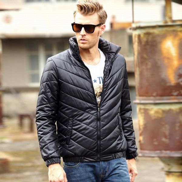 

Men's Down & Parkas Tide Autumn Winter Jacket Men Slim Stand-Collar Cotton-Padded Solid Coat Light Big Size M-5XL QP33, Black