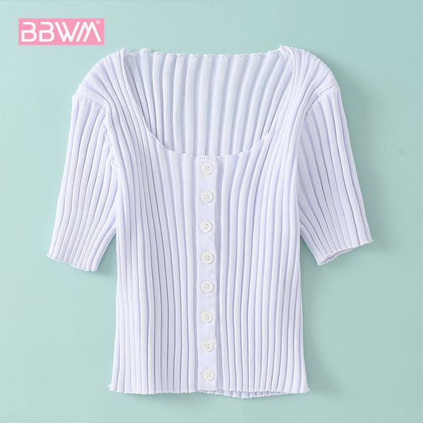 

women's cardigan square neck short sleeve knit versatile slim retro striped single-breasted high-waisted t-shirt female 210507, White
