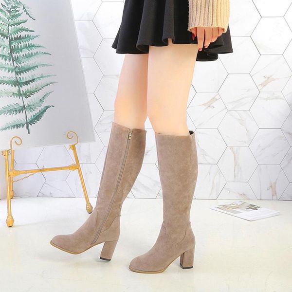 

boots version of suede round head high heel knee long pedicure thin elastic zipper fashion wild women 2021 korean, Black