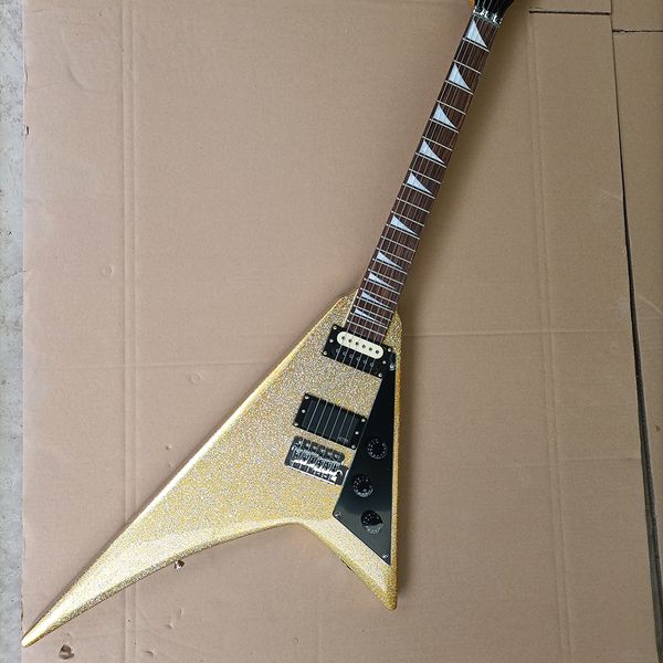 

6 strings gold v shaped electric guitar with rosewood fretboard