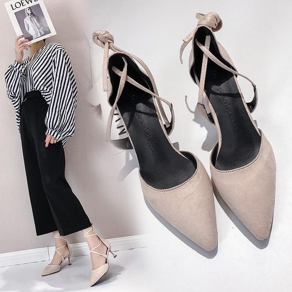 

dress shoes 2021 women pumps summer fashion pointed toe wedding party woman sandals high heels cross-tied zapatillas mujer, Black