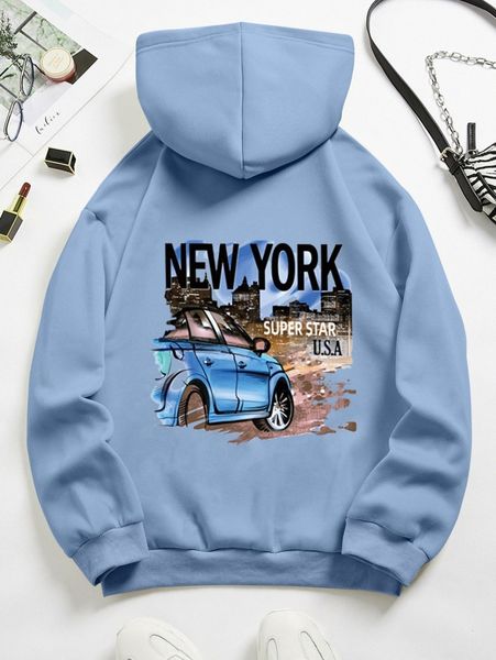 

car and letter graphic drawstring thermal hoodie b0eg#, White;black