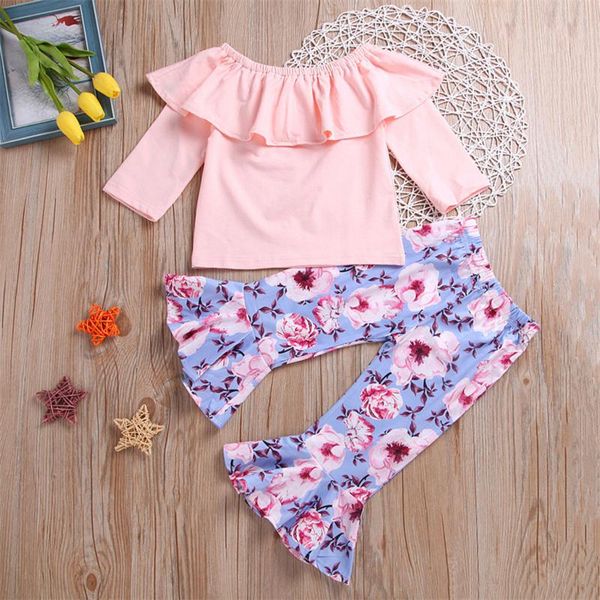 

clothing sets infant baby girls clothes suits ruffle solid print ruffles long sleeve floral flared pants outfits set, White
