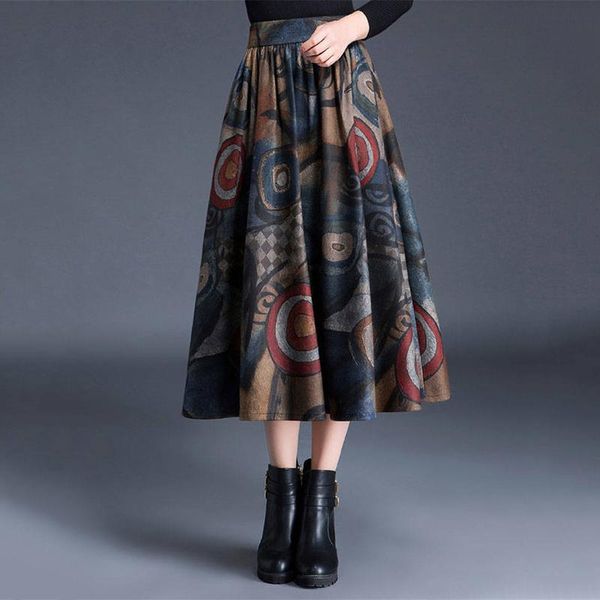

skirts fashion high waist woolen print pleated skirt women plus size vintage thick midi female faldas big swing wool long, Black