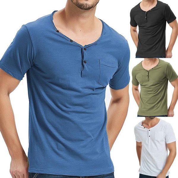 

men's t-shirts european american summer round neck solid color casual short-sleeved t-shirt chest button bottoming clothing, White;black