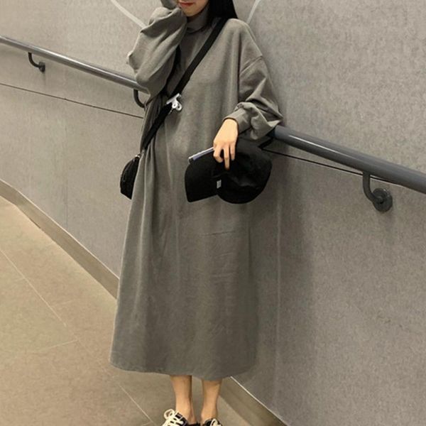 

casual dresses fashion women a-ling dress long sleeve solid loose round neck pullover ol commuter korean minimalism female fall clothing, Black;gray
