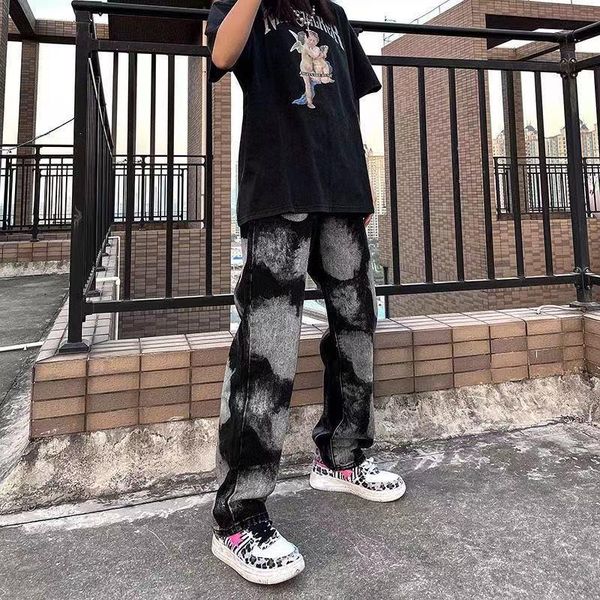 

men's jeans 2021 hip hop trousers high streetwear casual pants fashion brand black color tie dyed couples loose wide leg, Blue