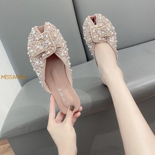 

slippers 2021 summer women's fashion fish mouth pearl diamond outdoor comfortable ladies flat shoes, Black