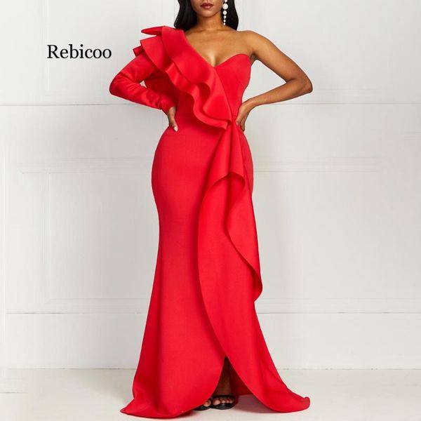 

casual dresses african style elegant party vintage women long one shoulder bodycon split female ruffles maxi red dress, Black;gray