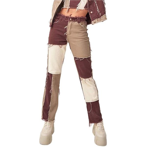 

fashion patchwork skinny straight jeans women 2021 high waist pockets color block ladies trousers denim blue pants women's