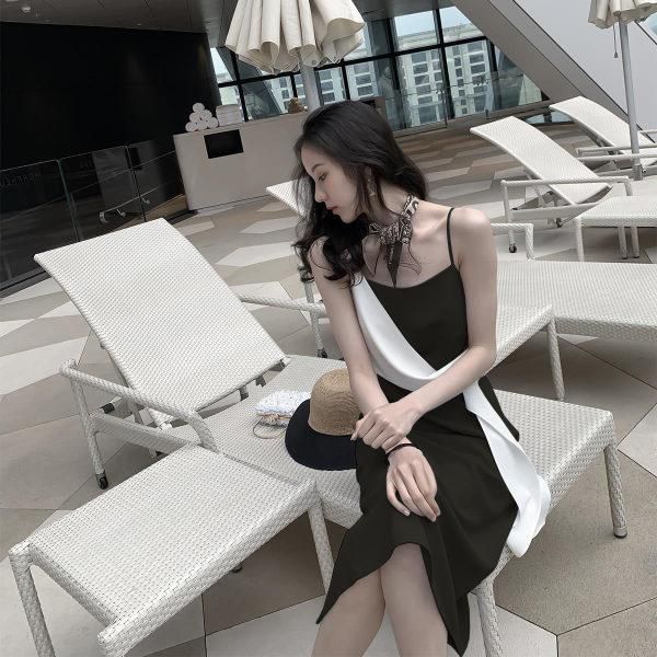 

casual dresses women summer dress spaghetti straps patchwork elegant slender party ladies chic high street ulzzang simple femme vestido, Black;gray