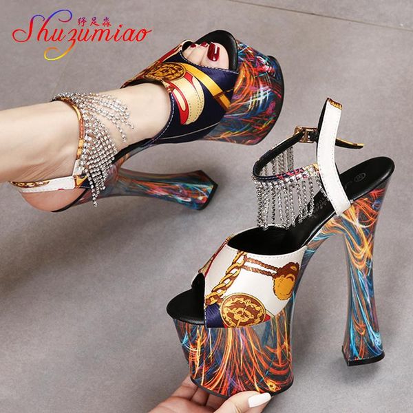 

sandals gladiator 2021 summer 17cm women diamond tassel buckle strap nightclub party shoes fetish platform printing heels, Black