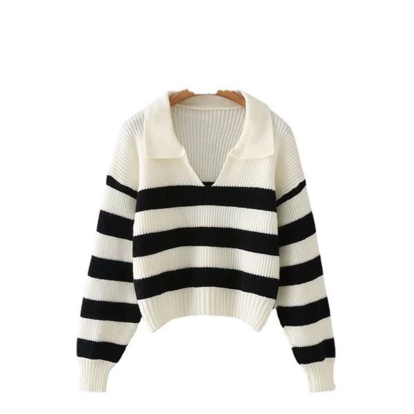 

women's sweaters women 2022 fashion striped collar loose knit sweater retro long sleeve pullover streetwear, White;black