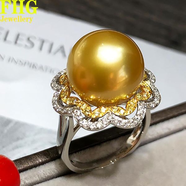 

cluster rings 18k au750 yellow gold 13mm -14mm natural pearl and diamonds wedding party engagement anniversary fashion elegant, Golden;silver