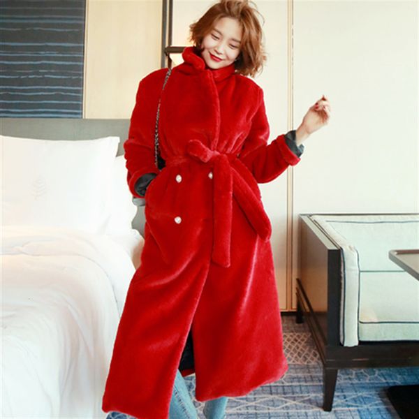 

women's wool & blends blends winter women thick warm long faux coats fake mink fur double breasted belt fashion overcoats red black hfl