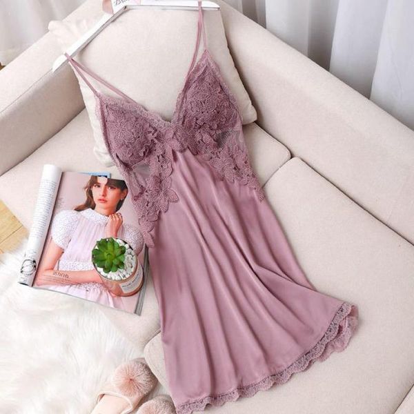 

women's sleepwear satin women nightgown lace perspective summer dressing gown sleepdress appliques nightdress hollow out chemise, Black;red