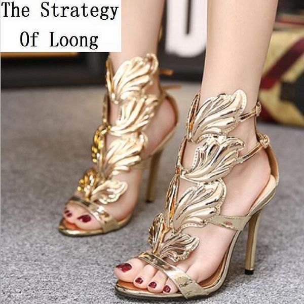 

women thin high heels metallic winged pumps lady summer gladiator buckle open the toe fashion sandals 181129 dress shoes, Black