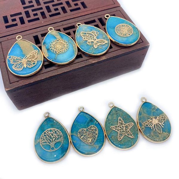 

charms blue shoushan stone necklace pendant lake water drop shaped edge diy jewelry making charm retro fashion accessories, Bronze;silver