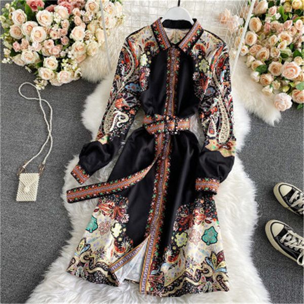 

spring lapel print medium female dress dressed minority style, Black;gray