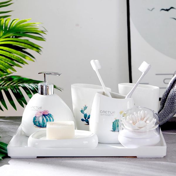

creative printing ceramic gargle cup soap dish dispenser toothbrush holder bath accessories set with pvc cotton swab box accessory