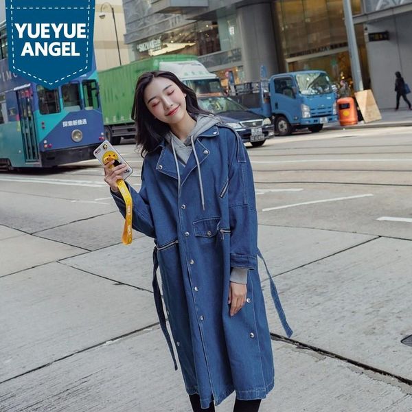 

women's trench coats fashion denim windbreakers female autumn vintage chic long cowgirl coat sweet loose sleeve sashes blue outerwear s, Tan;black