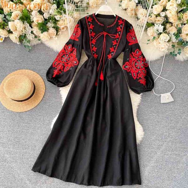 

spring autumn women dresses bohemian embroidered flower o-neck lantern sleeve high waist pleated dress all-match female vestidos 210428, Black;gray