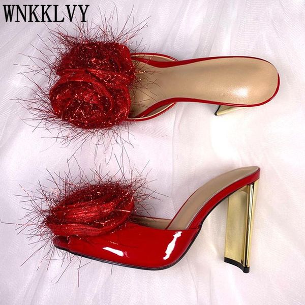 

strange high heel flowers slippers women shiny leather peep toe sandals summer party dress shoes red gold stilettos female, Black