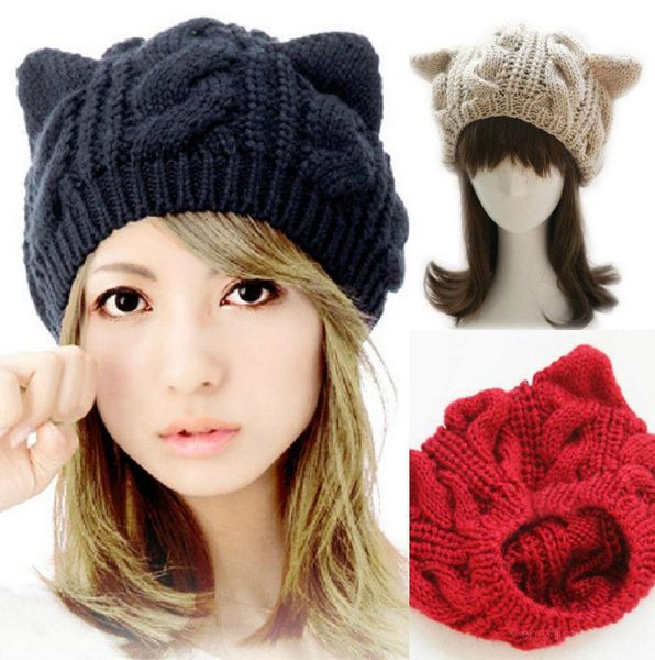 

beanie/skull caps 2021 winter latest south korea ladies knit hat with cat ears tweed twist wool cap for women solid color kawaii keep warm, Blue;gray