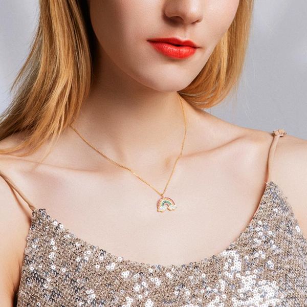 

pendant necklaces small rainbow for women colorful cz crystal charm thin chain fashion jewelry 2021 female gold necklace gift, Silver