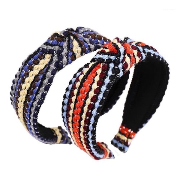 

korean striped knitted headband colorful wool hairband women hair accessories retro center knotted hoop1