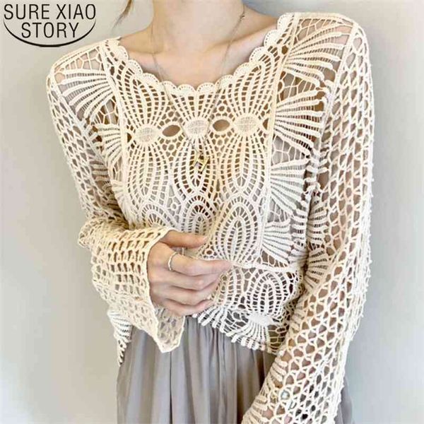 

sunscreen shirt women korea chic elegant lace blouse long sleeve hook flower hollow out design sweet o-neck blusas 12693 210506, White