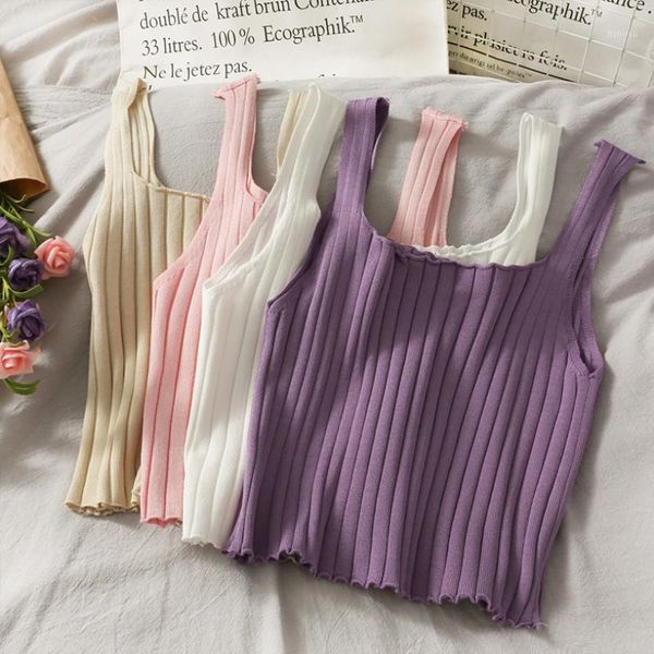 

women square neck crop female summer tank solid color lady knitting flounce hem 2021 camisoles & tanks, Black;white
