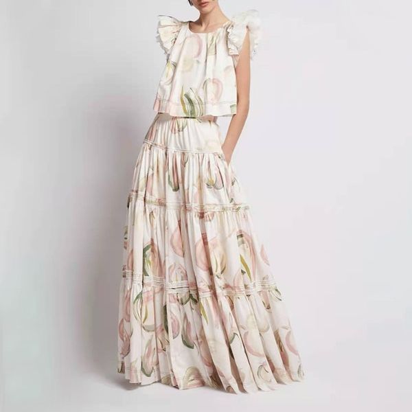 

two piece dress set women crop floral print+high waist tiered maxi skirt n8fa, White