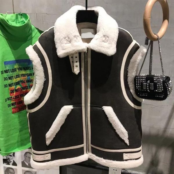 

women's leather & faux ladies shearling gilet genuine jacket sleeveless, Black