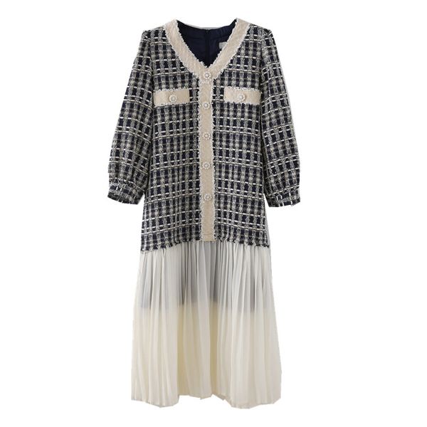 

women vintage plaid tweed chiffon patchwork dress breasted v-neck black white pleated a-line elegant d2329 210514, Black;gray
