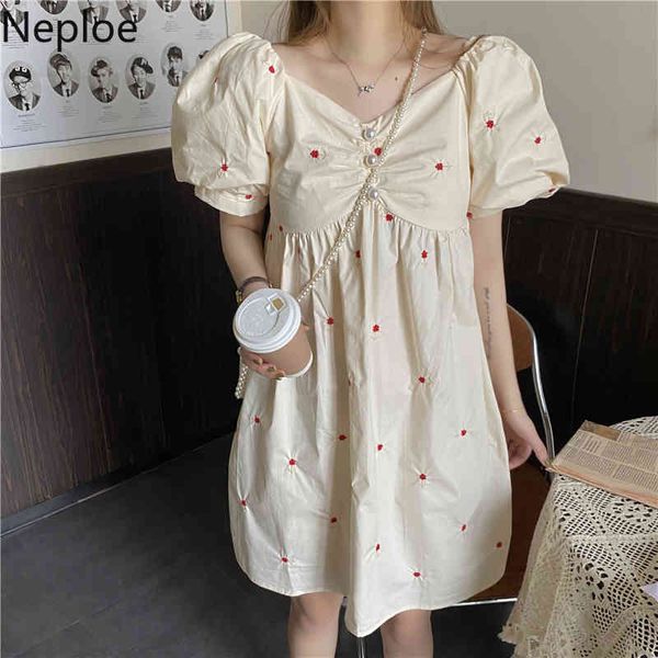 

neploe dresses for women v neck puff short sleeve streetwear dress embroidered temperament loose a-line vestido de mujer a-line 210422, Black;gray