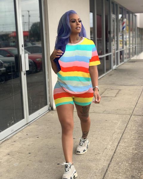 

women's tracksuits summer sports and leisure rainbow strip two-piece set, Gray