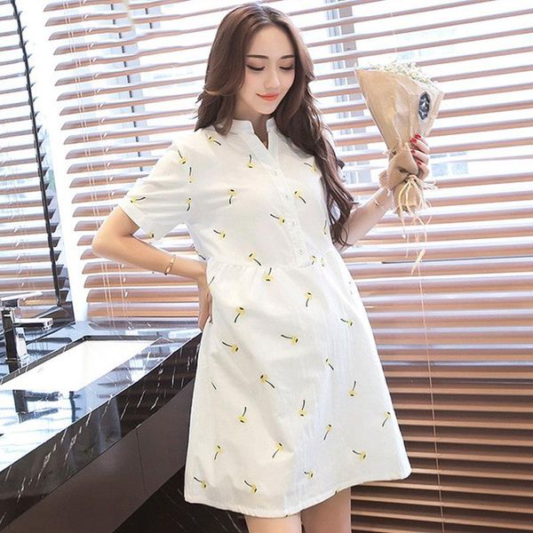 

maternity dresses elegant clothes cotton flower embroidery pure color dress for pregnant women summer style v-collar, White