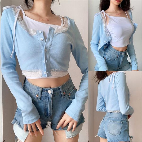 

women's t-shirt 2021 fashion women casual long sleeve cardigan blue lace hem buttons open front close-fitting solid spring t-shirts te, White