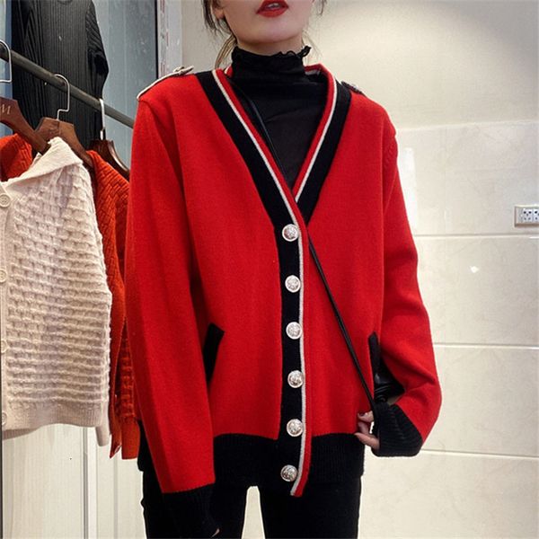 

sweaters women's knitted autumn cardigan contrast color stitching sweater coat women, White;black